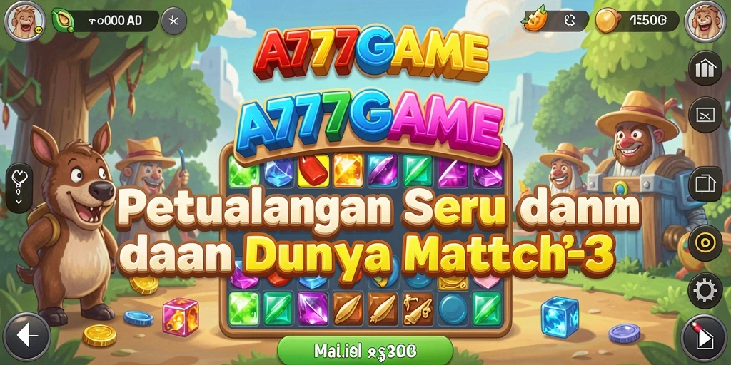Tampilan gameplay A777GAME dengan aksi mencocokkan permata warna-warni.