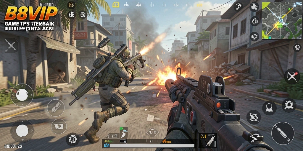 Screenshot B8VIP menampilkan gameplay aksi mendebarkan dalam mode TPS.