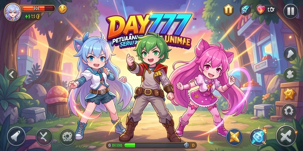 Tangkapan layar gameplay DAY777 yang menampilkan aksi seru karakter anime.