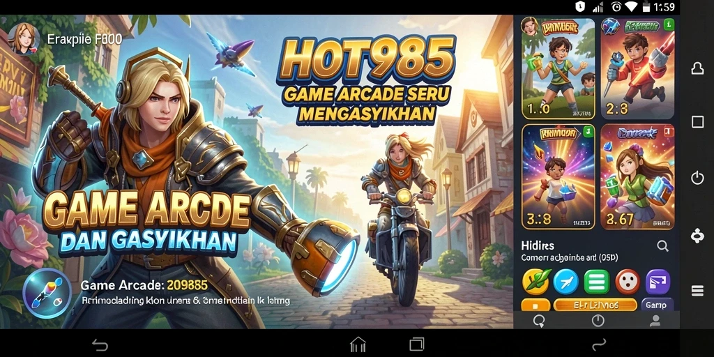 Screenshot utama HOT985 menampilkan aksi gameplay Arcade yang seru.