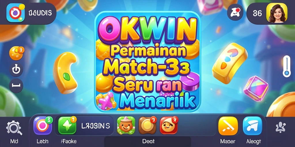 Screenshot utama OKWIN menampilkan gameplay Match-3 yang menarik dan penuh warna.