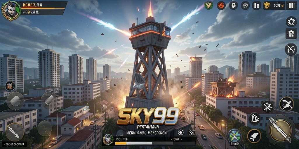 Tampilan gameplay <strong>SKY99</strong> dengan menara dan musuh yang mendebarkan.