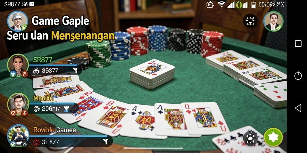 Tampilan gameplay SR877 menampilkan serunya permainan Gaple dengan teman.